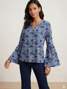 Michael Kors Top Blue Paisley V-Neck Smocked Bell Long Sleeve Blouse Size Small